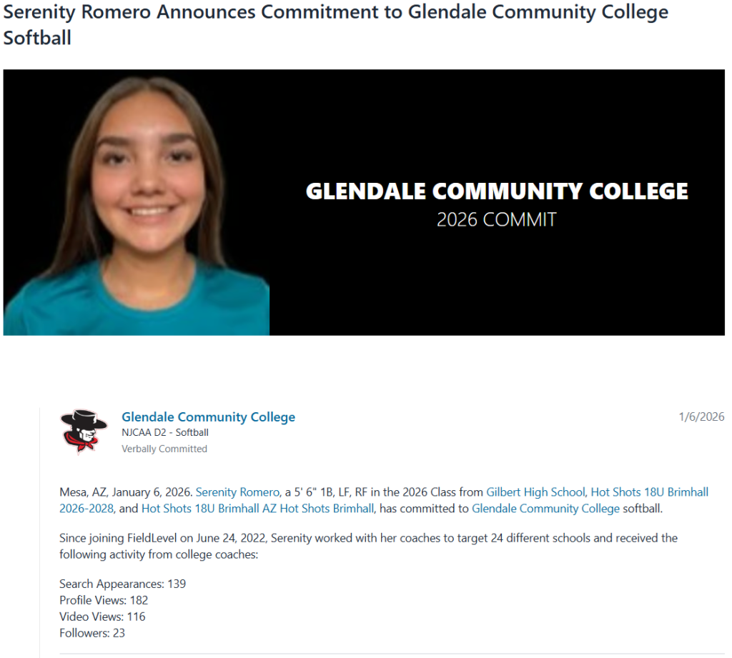 Serenity Romero Announces Commitment to Glendale Community College Softball